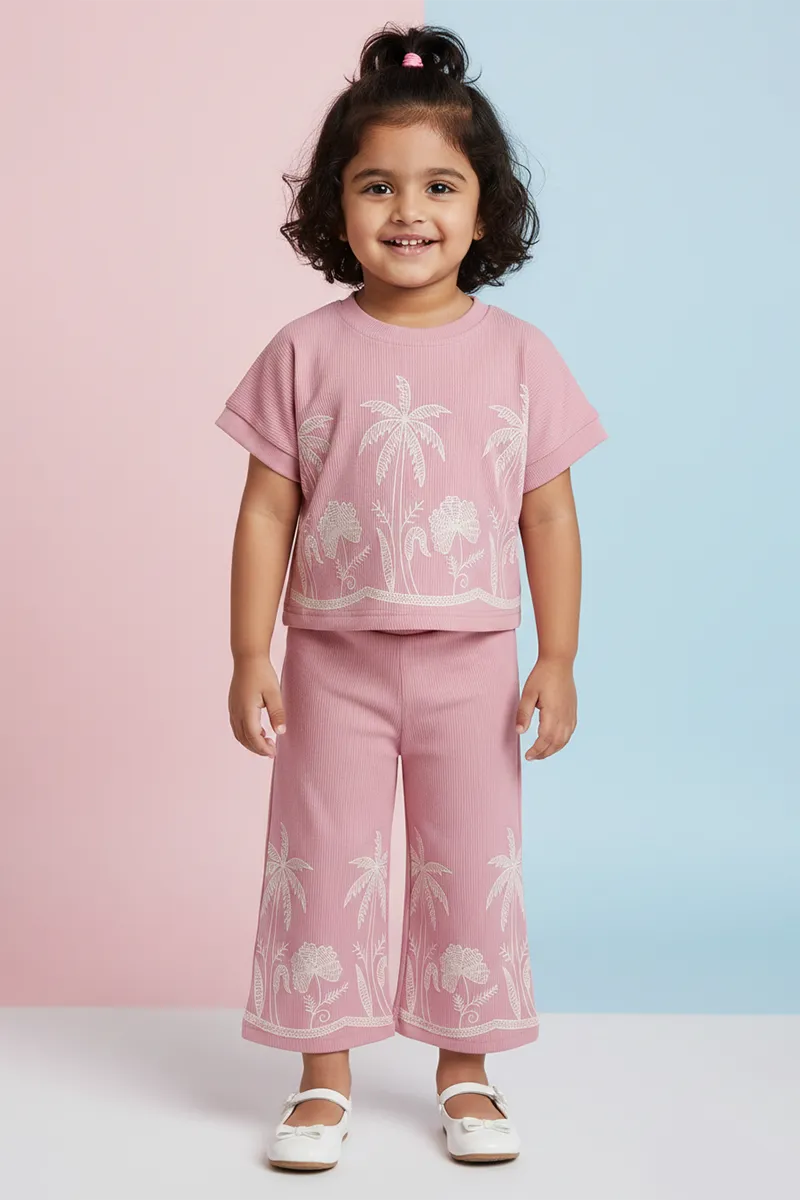 Girl's Cotton Embroidered T-Shirt and Pant Set - Pink CLGCS003PIN1314YR