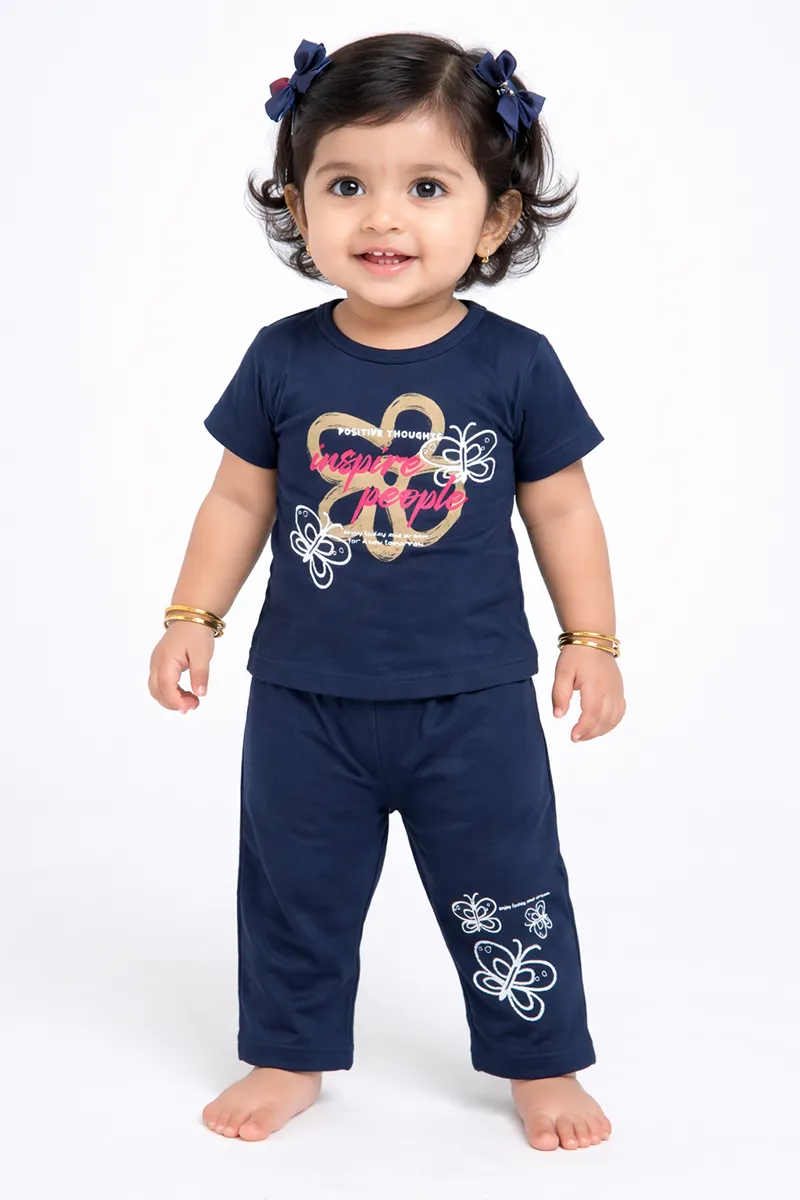 Printed T-Shirt and Pant Set for Girls - Dark Blue CLGCS0043DAR1112