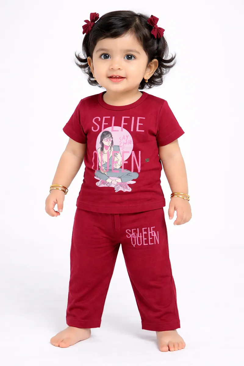 Printed T-Shirt and Pant Set for Girls - Maroon CLGCS0044MAR1112