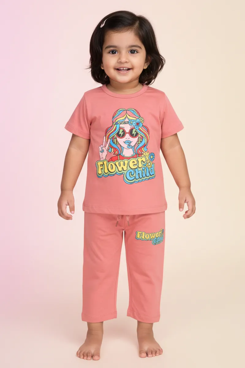 Printed T-Shirt and Pant Set for Girls - Light Brown CLGCS0045LIG1112