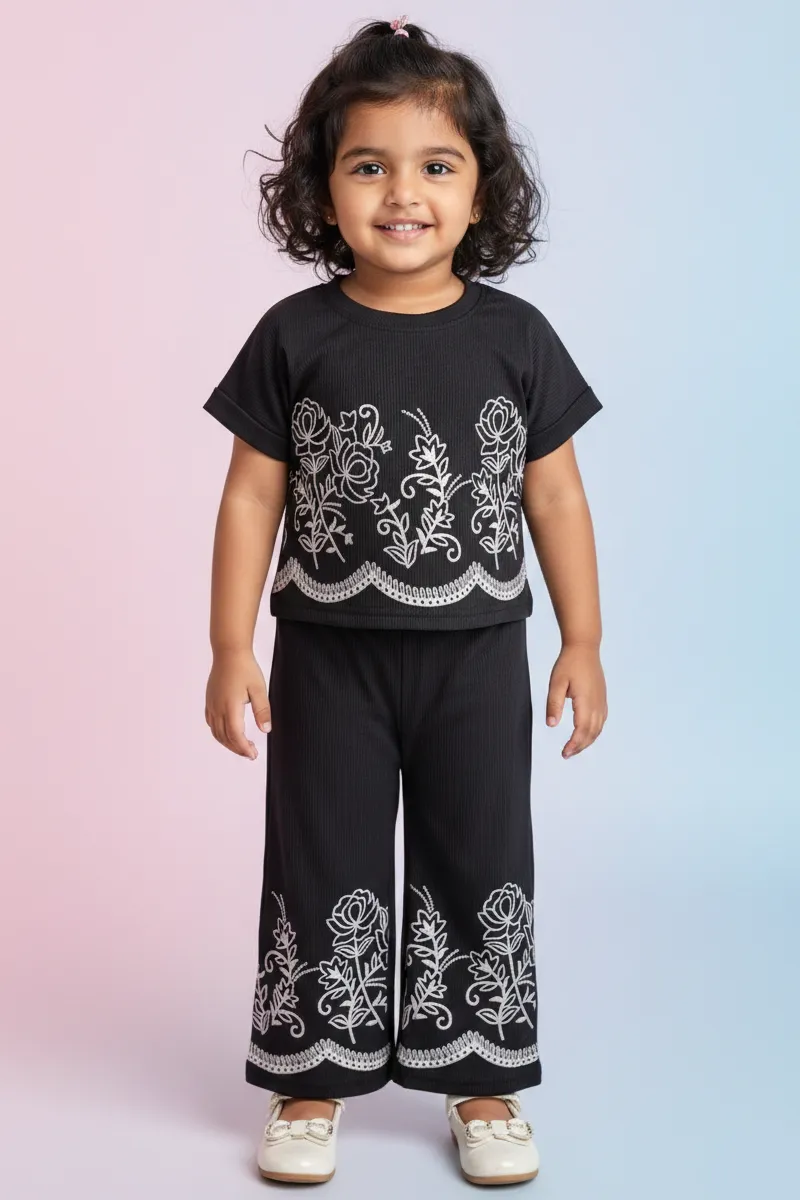 Girl's Cotton Embroidered T-Shirt and Pant Set - Black CLGCS004BLA34YR
