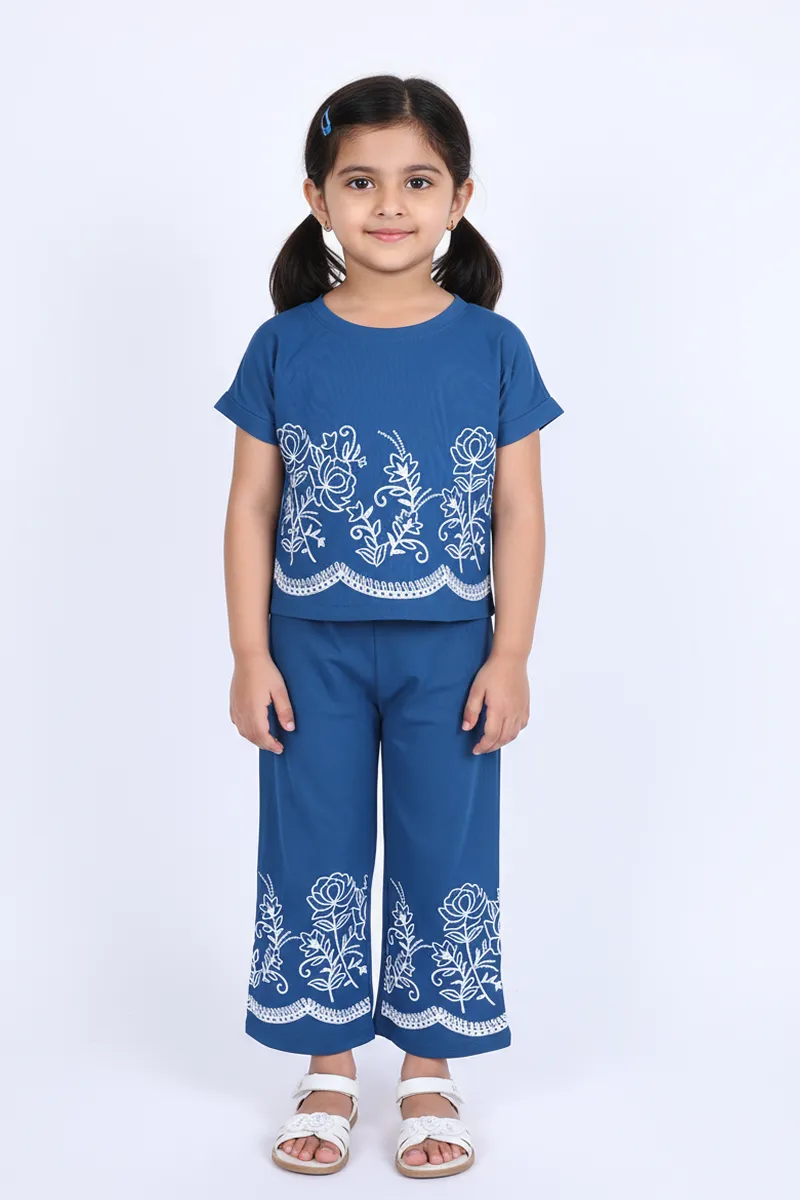 Girl's Cotton Embroidered T-Shirt and Pant Set - Teal CLGCS004TEA34YR