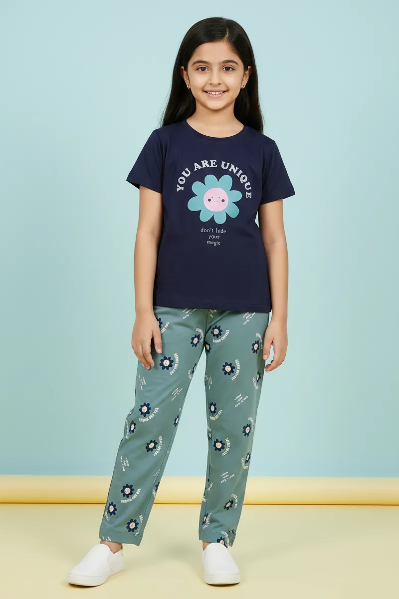 T-Shirt and Full Pant Set for Girls CLGCS0085NAV1314
