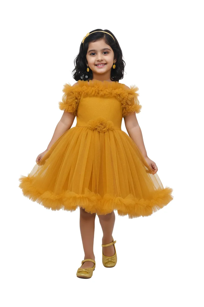 Girl's Netted Self Design Ruffled Tulle Party Frock - Mustard