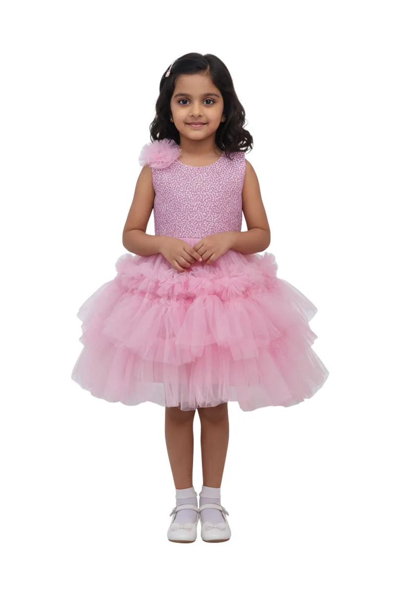 Girl's Netted Sequin Embellished Ruffled Tulle Party Frock - Mauve CLGD0012MAU56YR