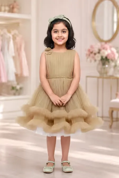 Girl's Netted Self Design Ruffled Tulle Party Frock - Sage