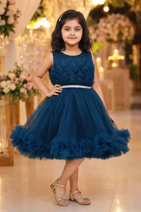 Girl's Netted Sequin Embellished Ruffled Tulle Party Frock - Teal