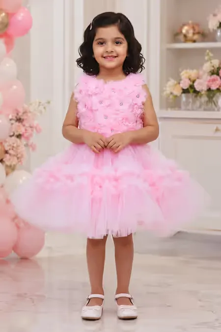 Girl's Netted Self Design Ruffled Tulle Party Frock - Baby Pink
