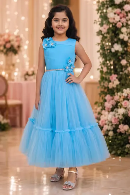 Girl's Netted Self Design Ruffled Tulle Party Frock - Sky Blue