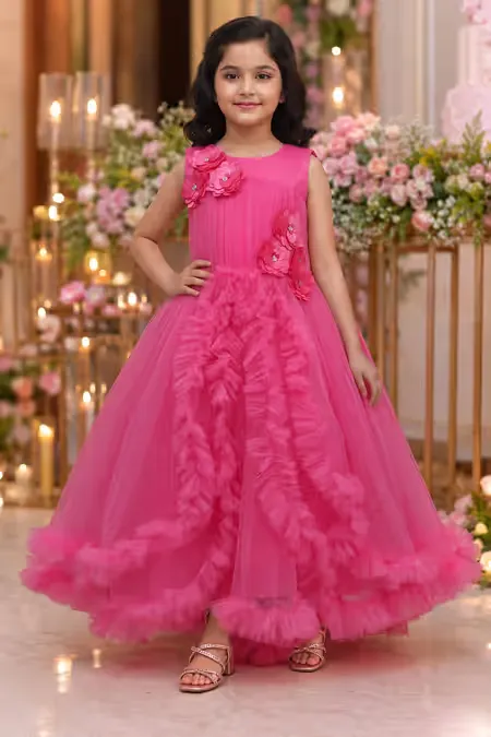 Girl's Netted Self Design Ruffled Tulle Party Frock - Pink