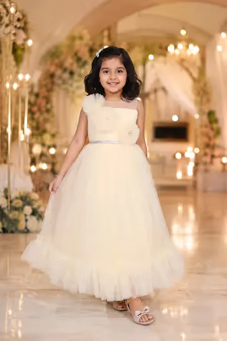 Girl's Netted Self Design Ruffled Tulle Party Frock - Cream