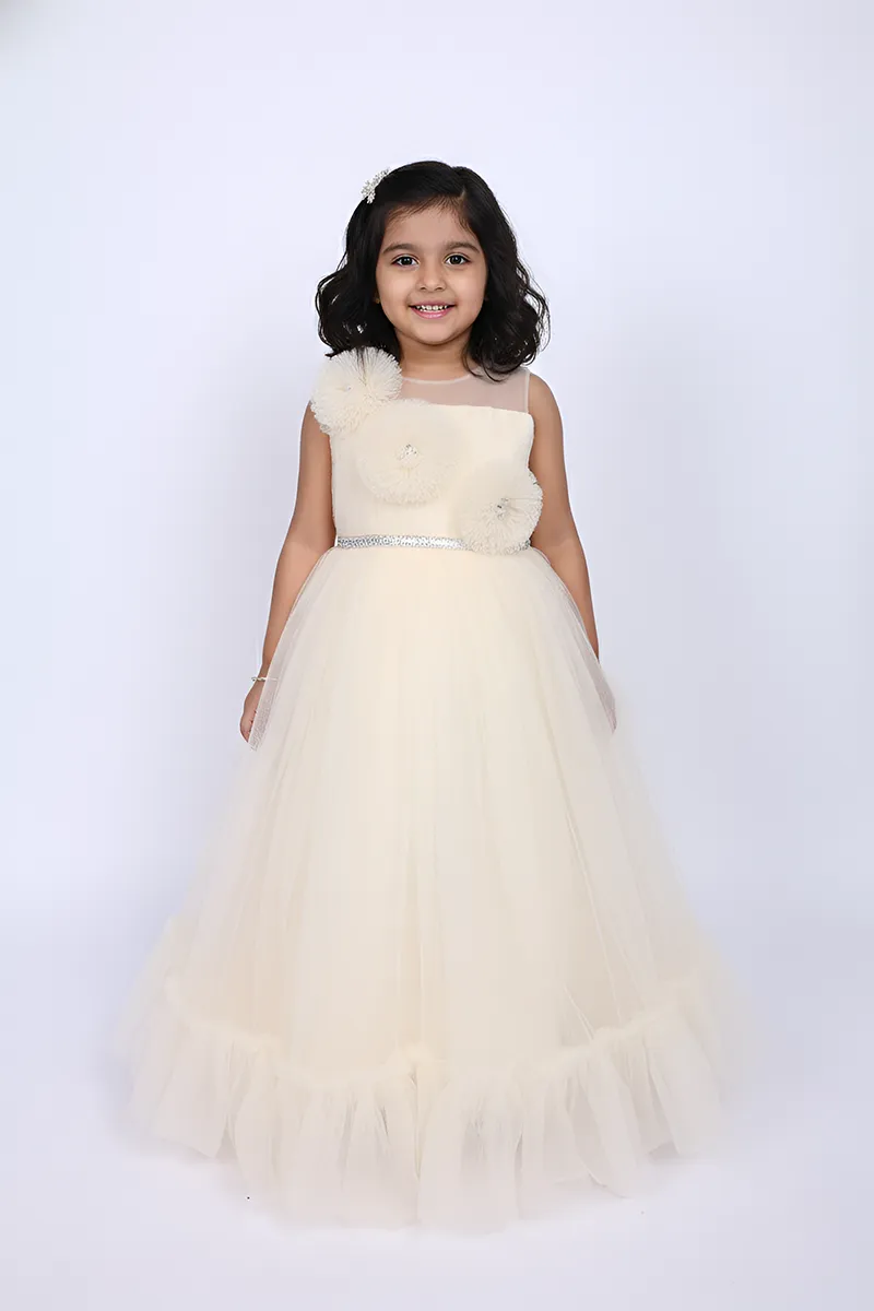 Girl's Netted Self Design Ruffled Tulle Party Frock - Cream CLGD0018CRE1011YR
