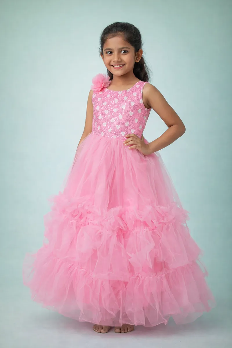 Girl's Netted Sequin Embellished Ruffled Tulle Party Frock - Baby Pink