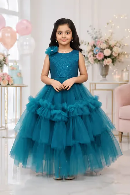 Girl's Netted Sequin Embellished Ruffled Tulle Party Frock - Teal