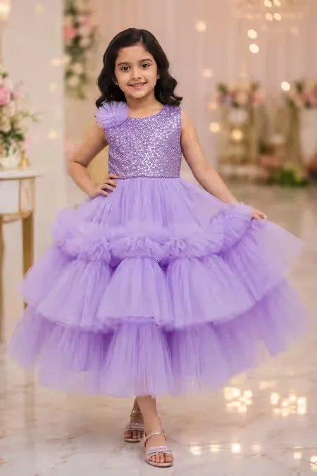 Girl's Netted Sequin Embellished Ruffled Tulle Party Frock - Lavender