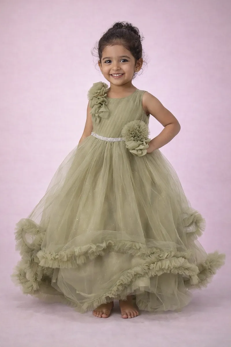 Girl's Netted Self Design Ruffled Tulle Party Frock - Sage CLGD0023SAG45YR