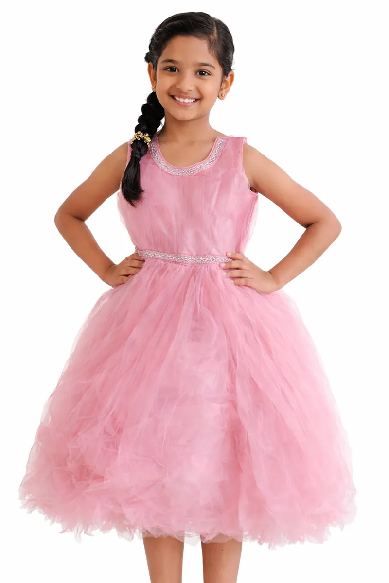 Girl's Polyester Embellished Tulle Party Frock - Baby Pink