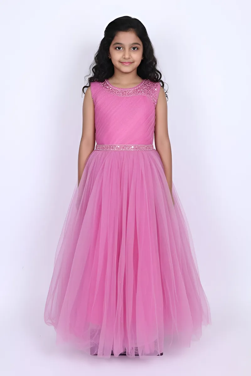 Girl's Polyester Embellished Tulle Party Frock - Dark Pink