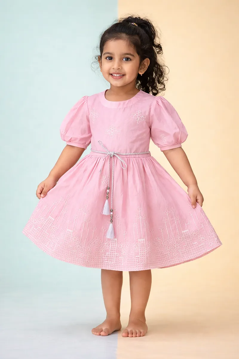 Girl's Cotton Embroidered A-Line Midi Dress - Baby Pink CLGD002BABPIN1213