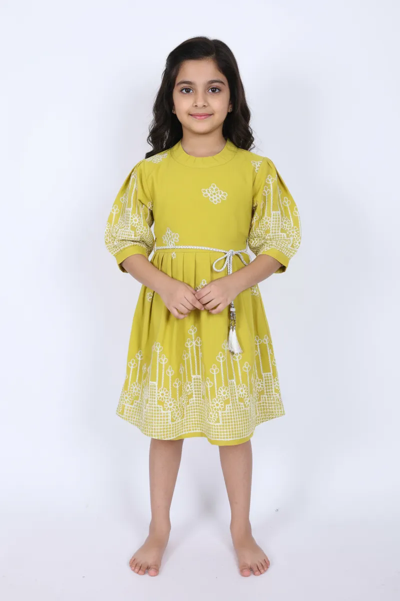 Girl's Cotton Embroidered A-Line Midi Dress - Green CLGD002GRE1213