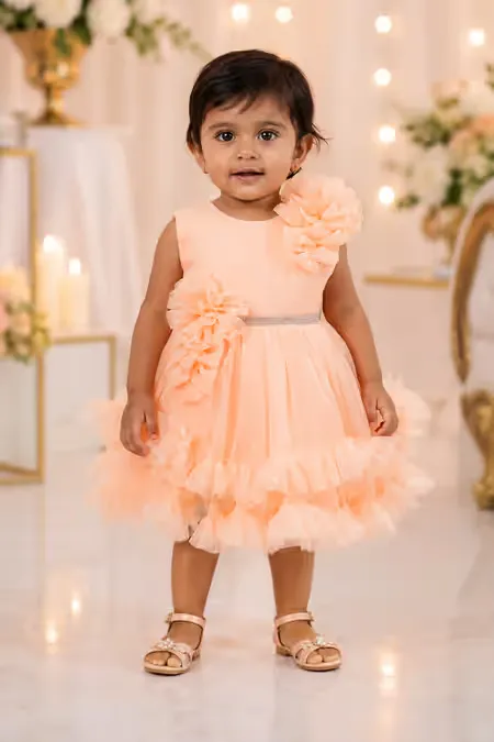 Girl's Polyester Embellished Tulle Party Frock - Light Orange