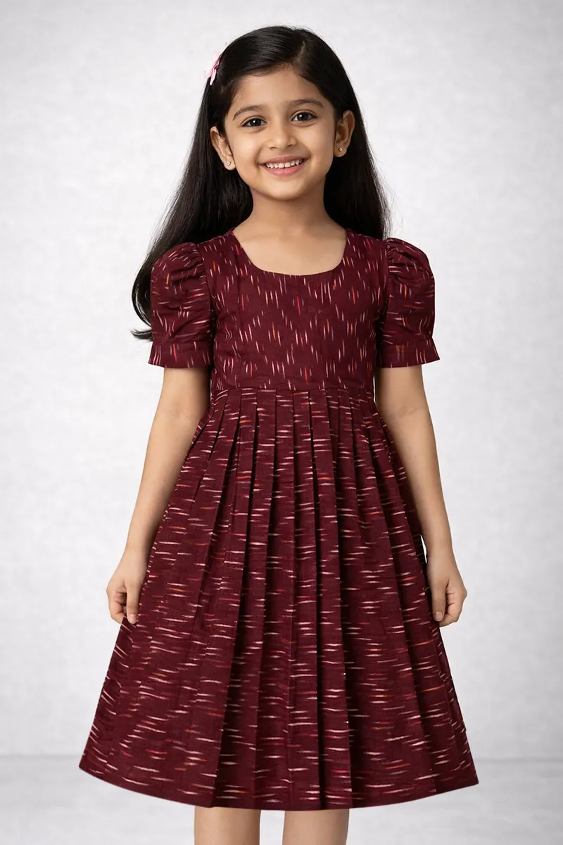 Ikat Cotton Frock for Girls -Brown