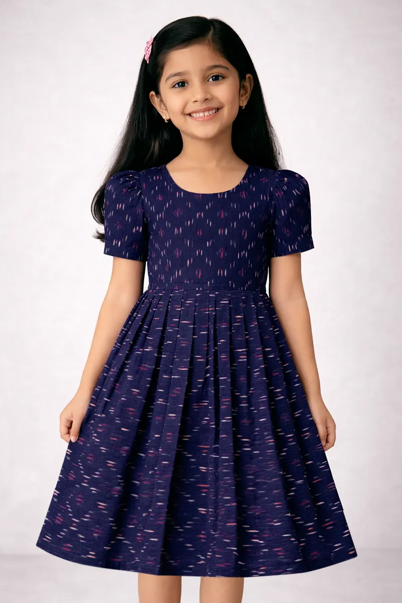 Ikat Cotton Frock for Girls -Navy Blue
