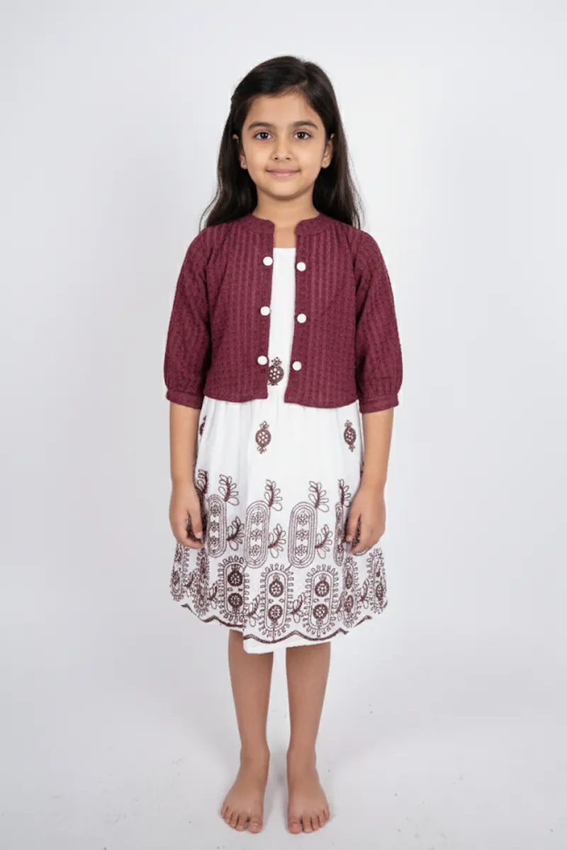 Girl's Cotton Embroidered A-Line Midi Dress with Jacket - Wine CLGD004WIN1112