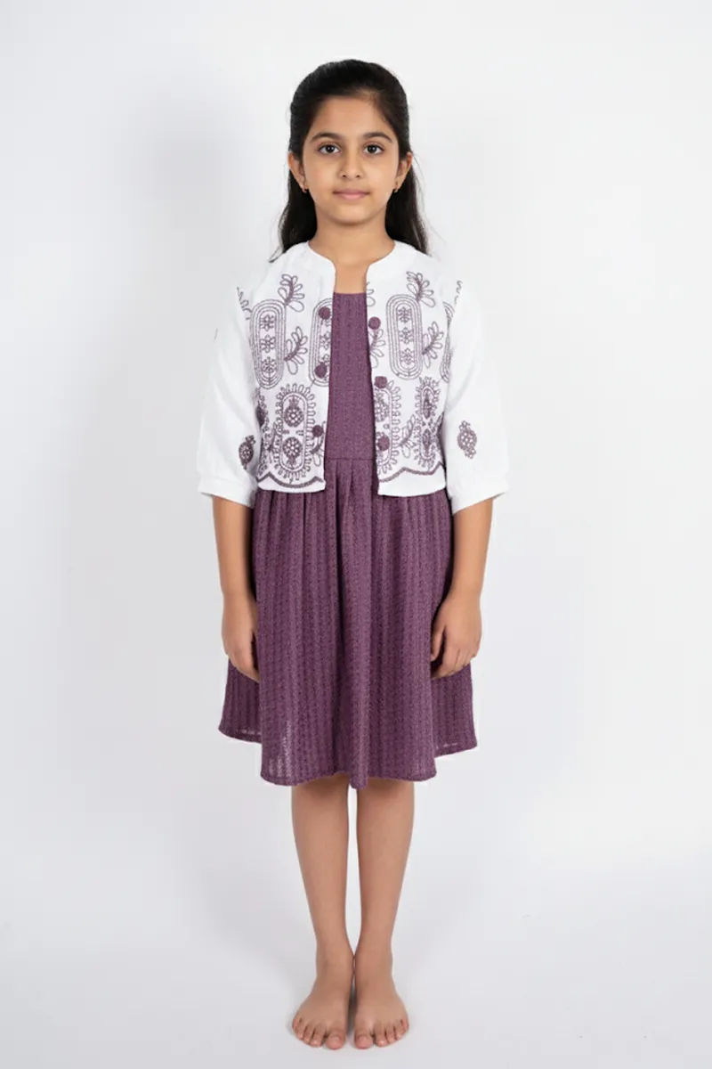 Girl's Cotton Embroidered A-Line Midi Dress with Jacket - Burgundy CLGD005BUR1112