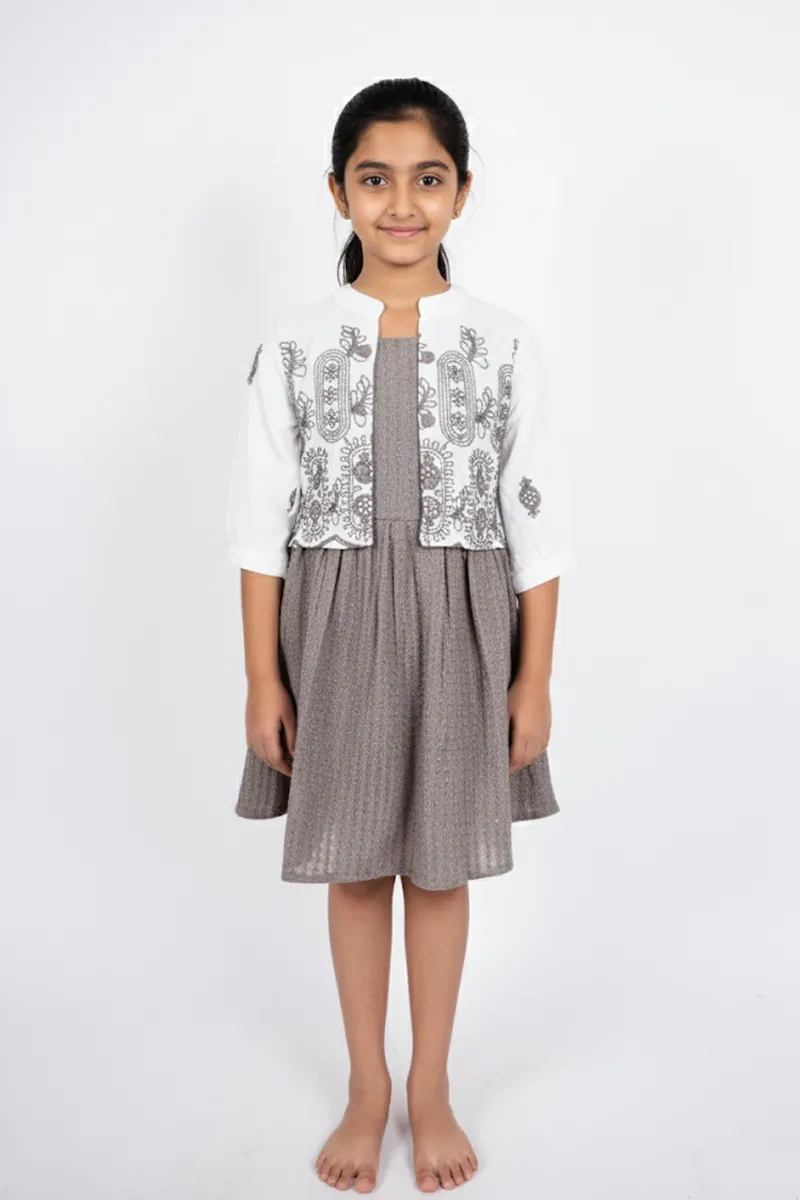 Girl's Cotton Embroidered A-Line Midi Dress with Jacket - Dusty Brown CLGD005DUSBRO45YR