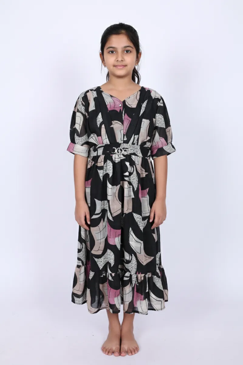 Girl's Georgette Printed A-Line Midi Dress - Black