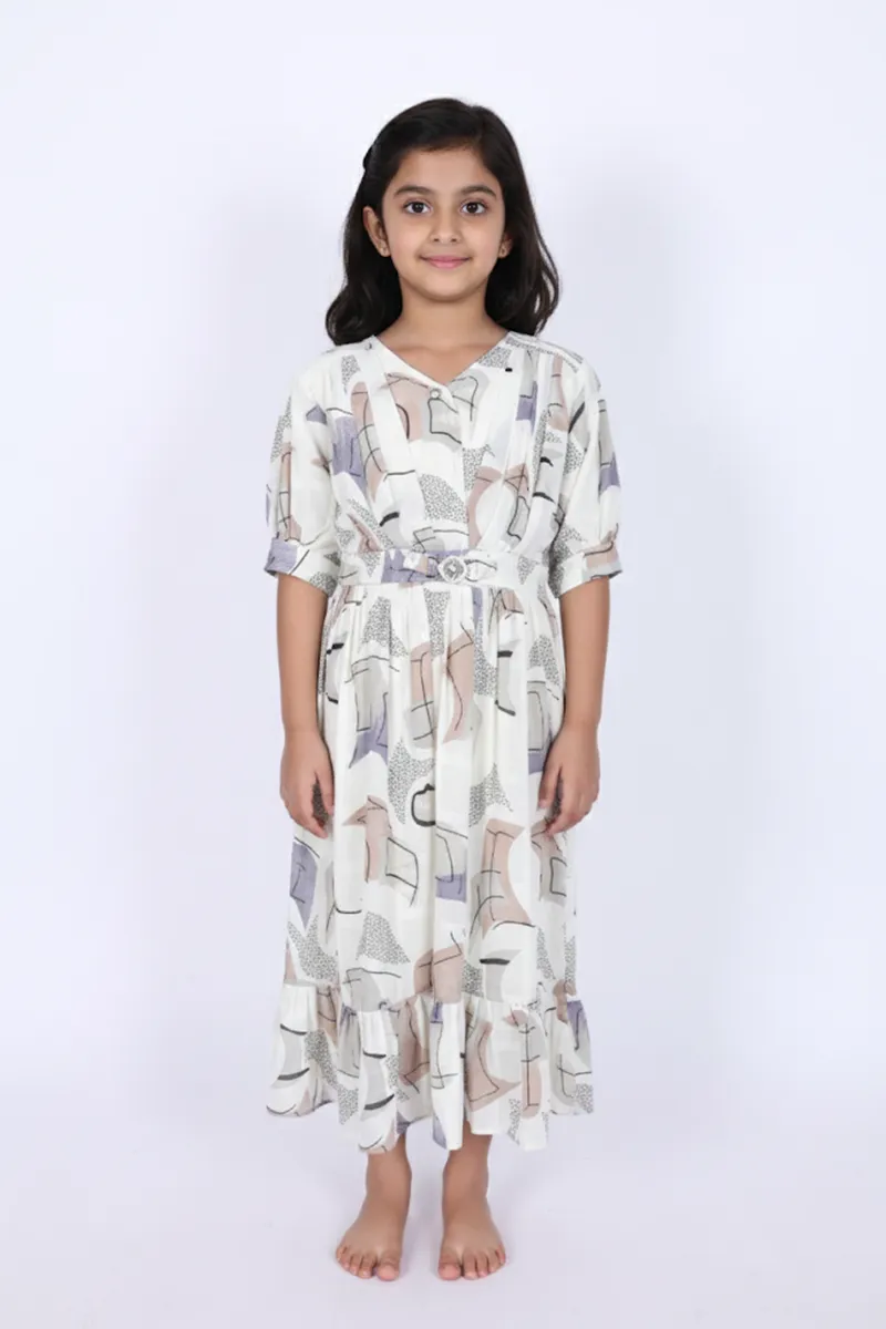 Girl's Georgette Printed A-Line Midi Dress - Cream
