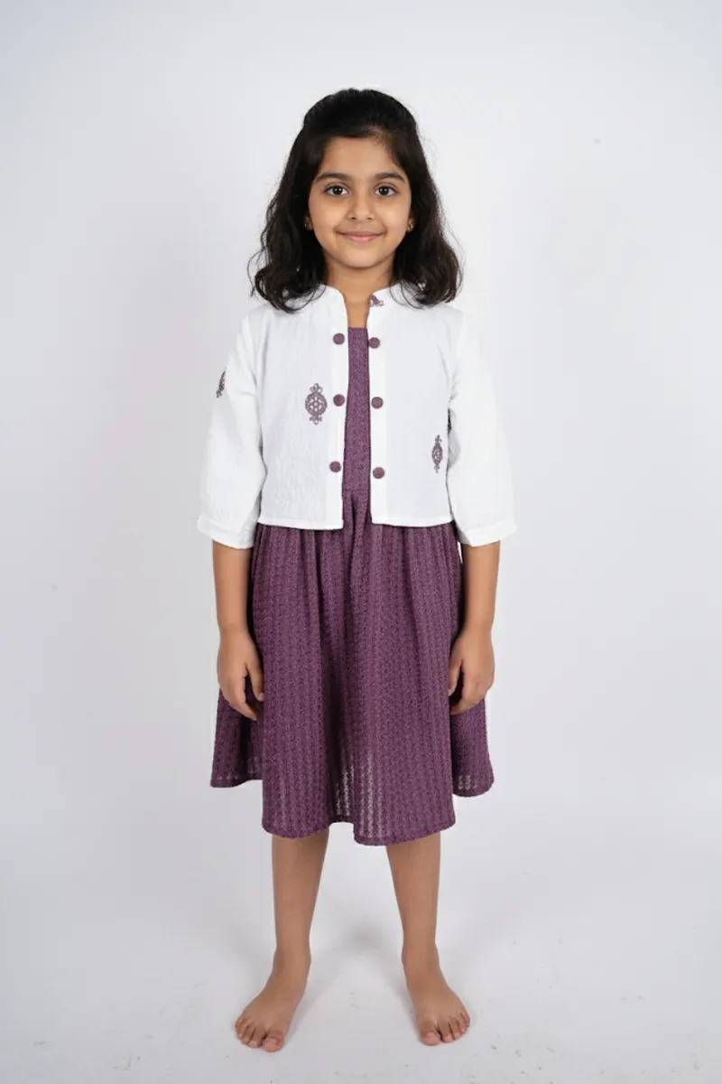 Girl's Cotton Embroidered A-Line Midi Dress with Jacket - Mauve