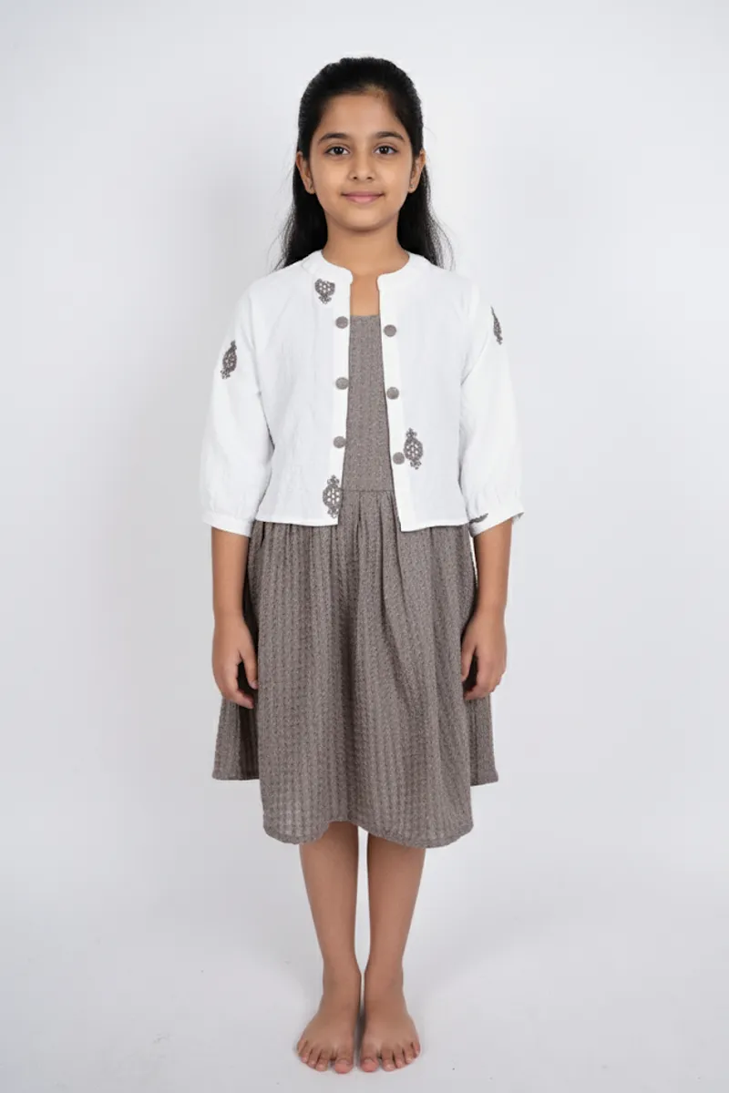 Girl's Cotton Embroidered A-Line Midi Dress with Jacket - Dusty Brown CLGD009DUSBRO78YR