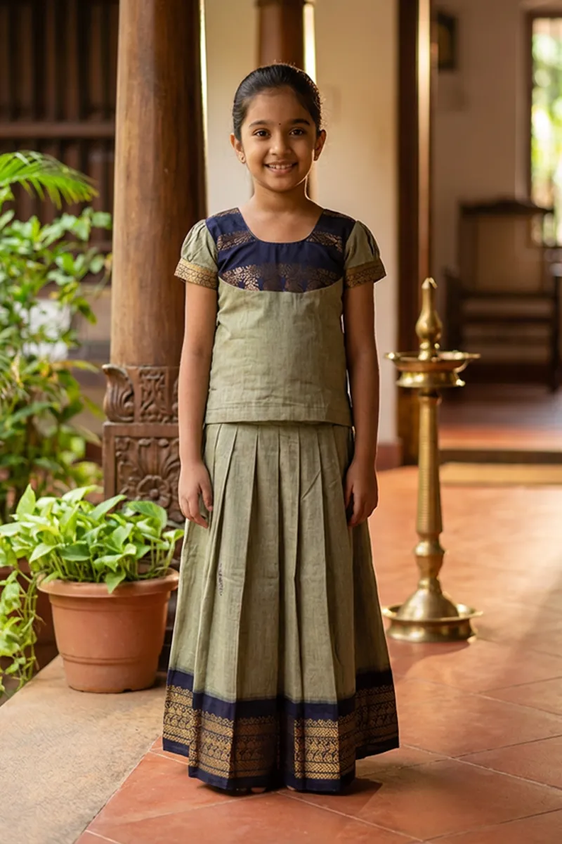 Pure Cotton Pattu Pavadai Set for Girls - Olive Green CLGE01OLI89YR