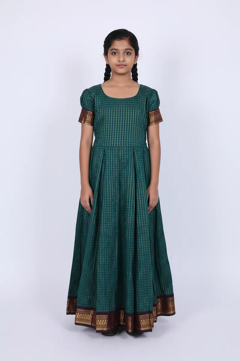 Pure Cotton Long Frock for Girls - Dark Green CLGE02DAR1415