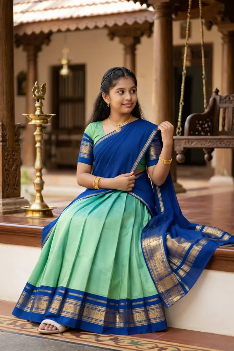 Pure Cotton Lehenga/Half Saree for Girls -  Green
