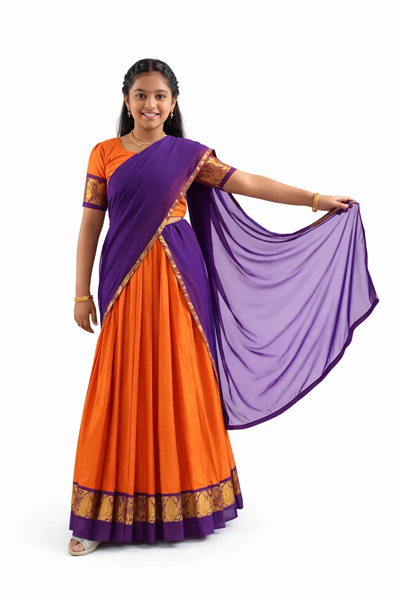 Pure Cotton Lehenga/Half Saree for Girls -  Orange