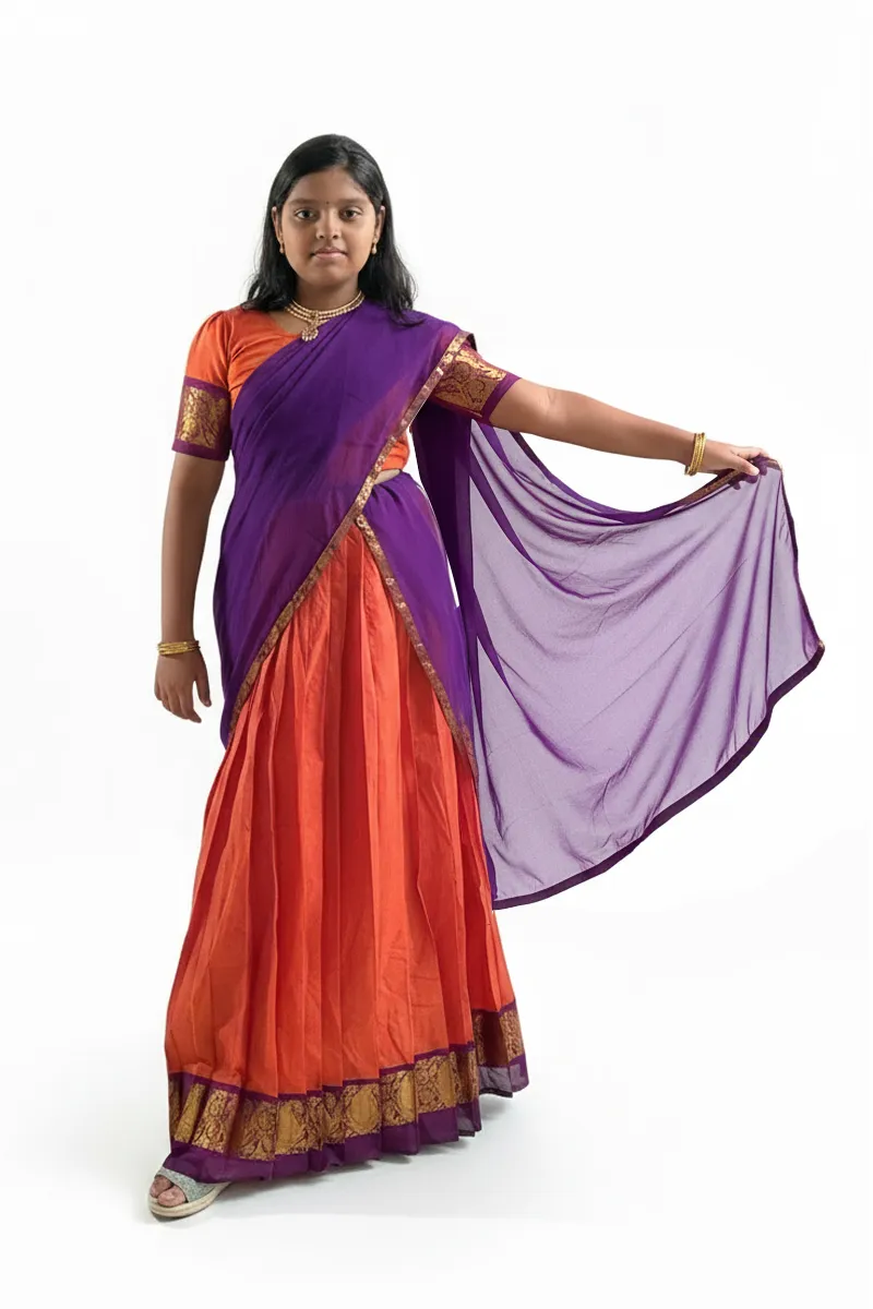 Pure Cotton Lehenga/Half Saree for Girls - Orange CLGE03ORA1314