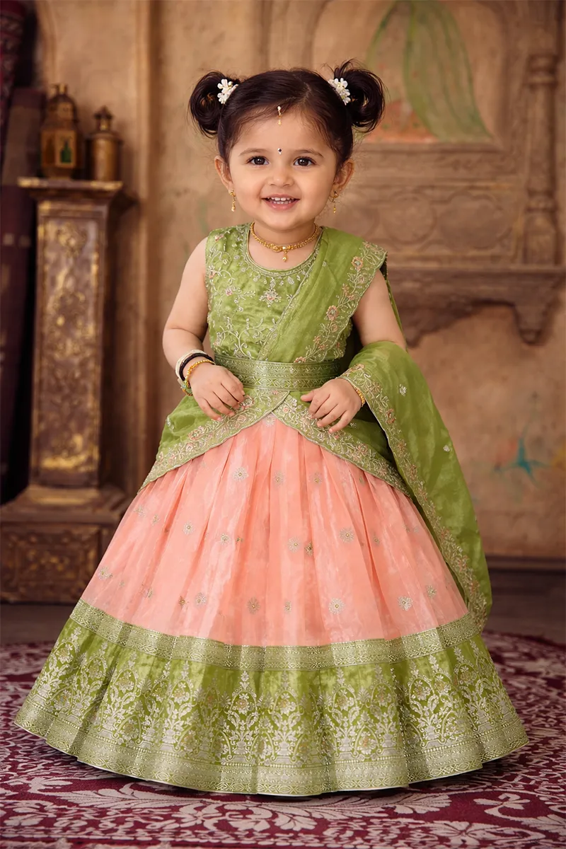 Art Silk Embroidered Lehenga Set with Sleeve Fabric for Girls - Green