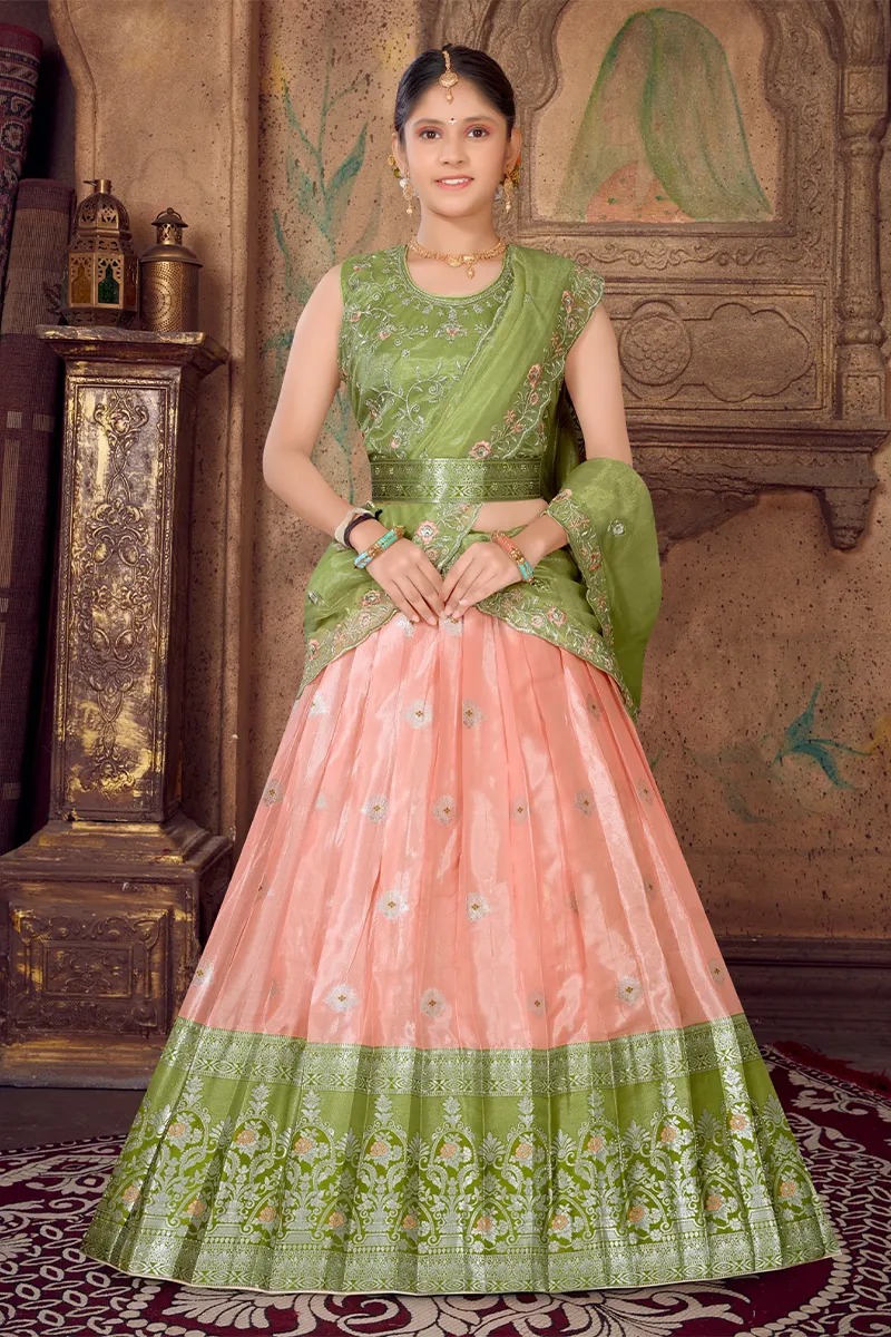 Art Silk Embroidered Lehenga Set with Sleeve Fabric for Girls - Green CLGE04GRE56YR