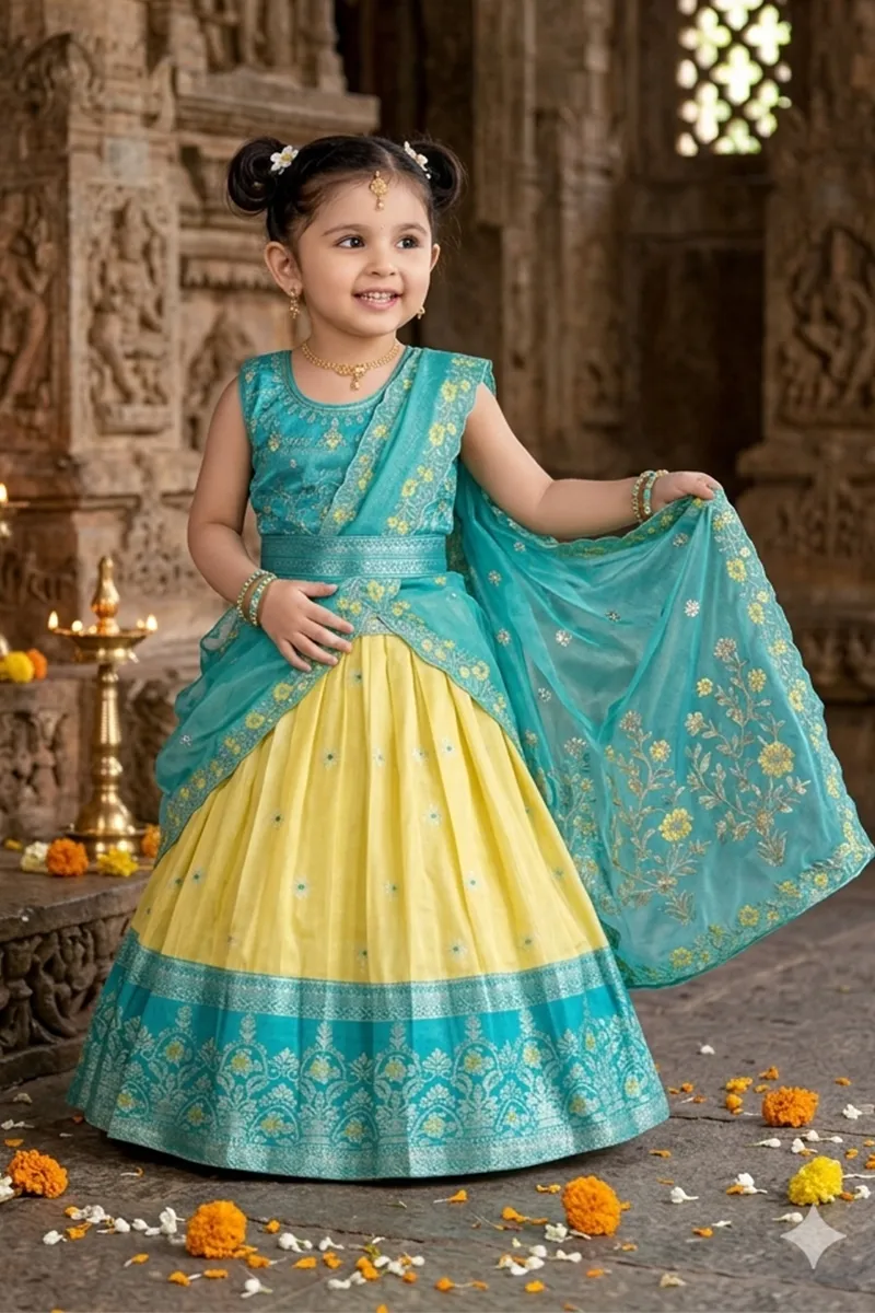 Art Silk Embroidered Lehenga Set with Sleeve Fabric for Baby Girl - Sky Blue CLGE04SKY01YR