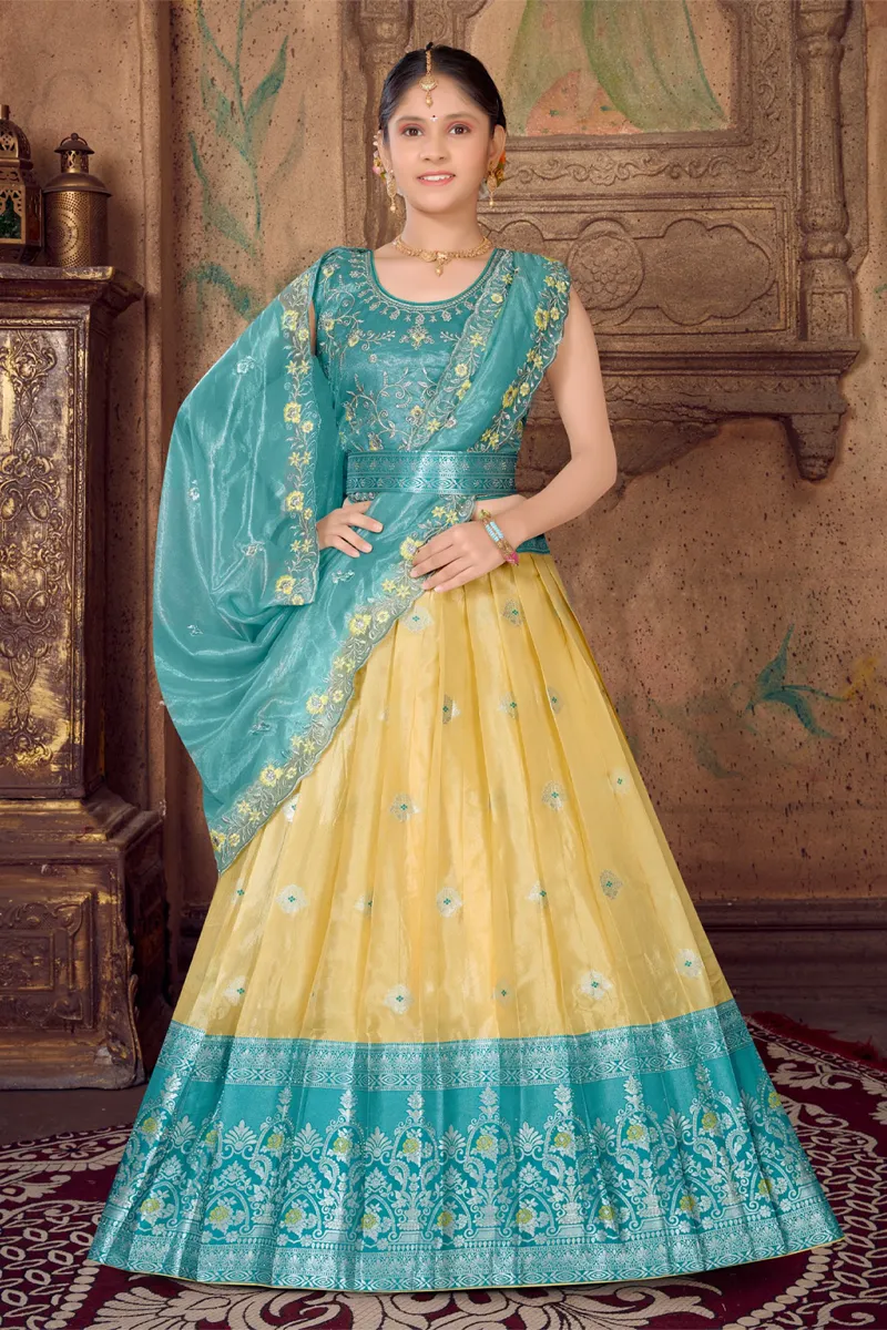 Art Silk Embroidered Lehenga Set with Sleeve Fabric for Girls - Sky Blue CLGE04SKY34YR