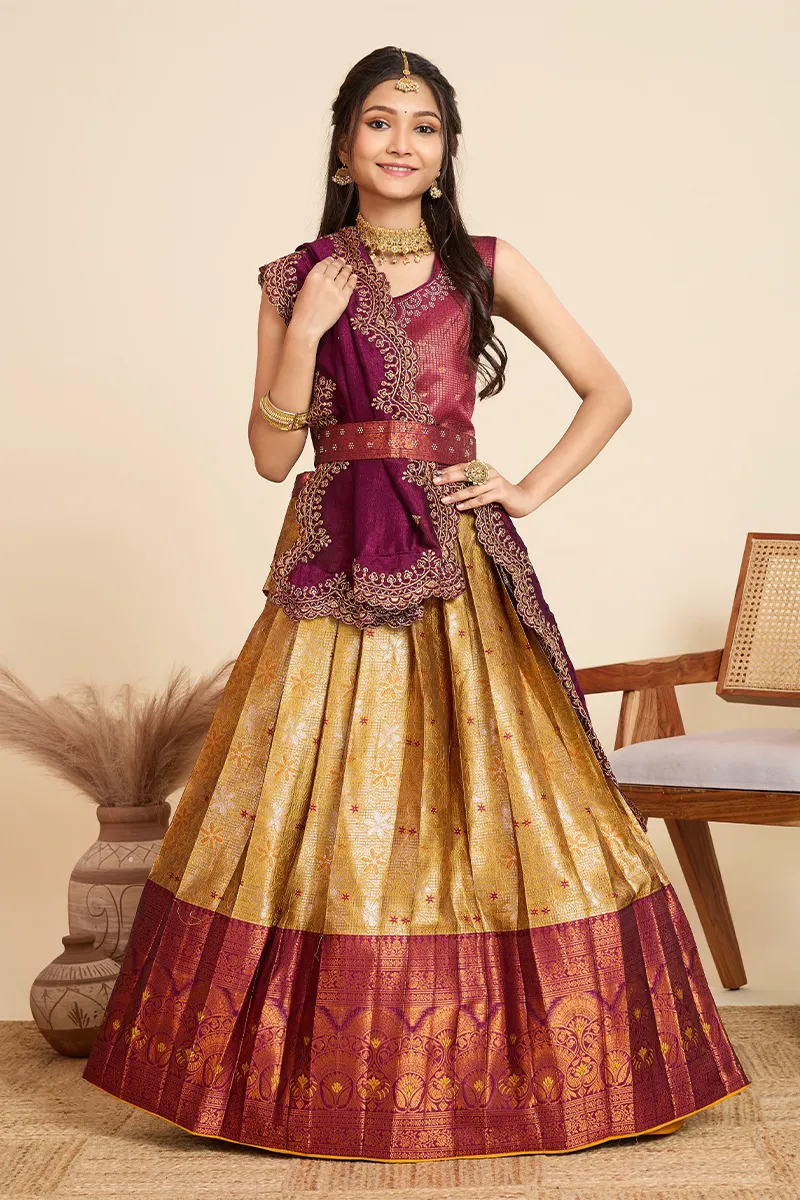 Art Silk Embroidered Lehenga Set with Sleeve Fabric for Girls - BUrgundy