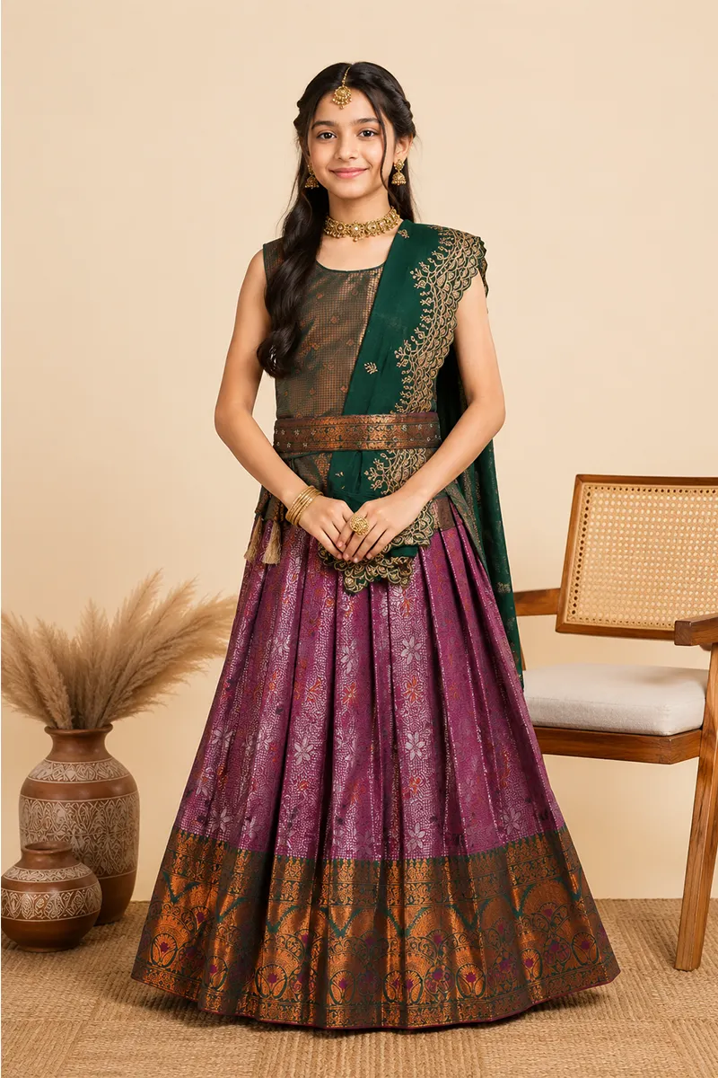 Art Silk Embroidered Lehenga Set with Sleeve Fabric for Girls - Green CLGE05GRE1112
