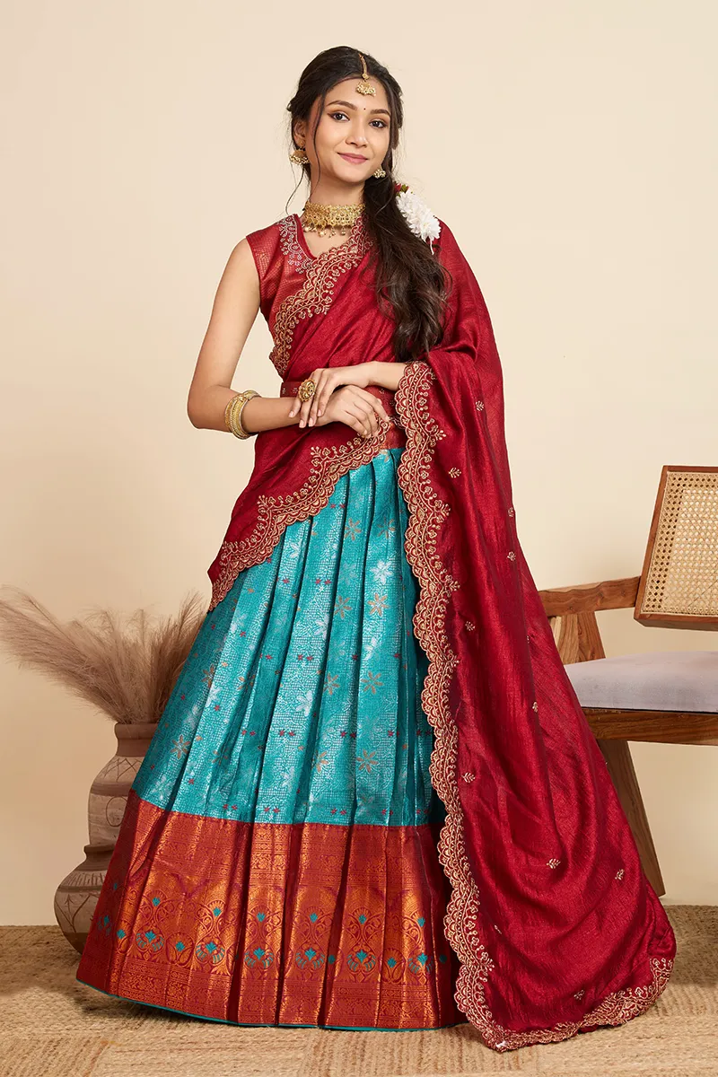 Art Silk Embroidered Lehenga Set with Sleeve Fabric for Girls - Maroon