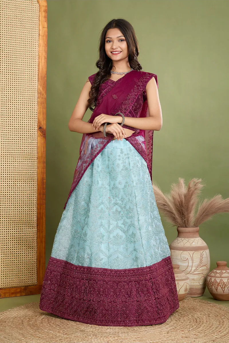 Art Silk Embroidered Lehenga Set with Sleeve Fabric for Girls - Maroon