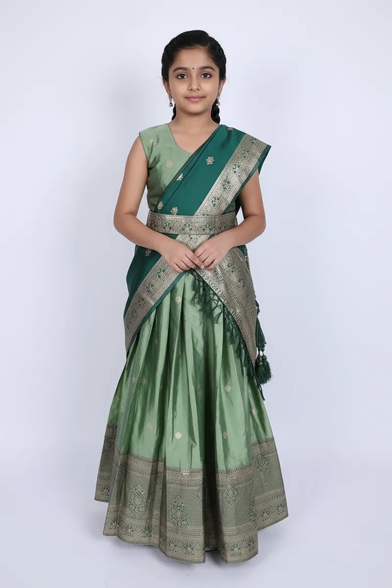 Art Silk Festive Lehenga Set with Sleeve Fabric for Girls - Green