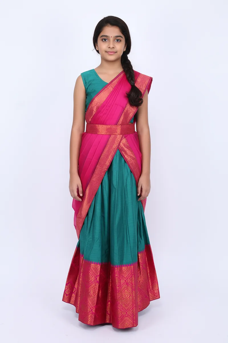 Cotton Festive Lehenga Set with Sleeve Fabric for Girls - Green