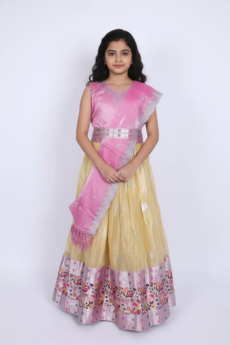 Silk Blend Festive Lehenga Set with Sleeve Fabric for Girls - Pink
